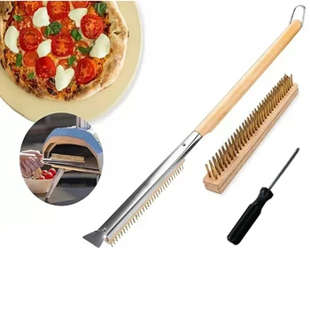 2PK Detachable Long Pizza Oven Cleaning Brush with Scraper Heat Resistant Metal Brush for Pizza Oven Pizza Stone BBQ GRILL