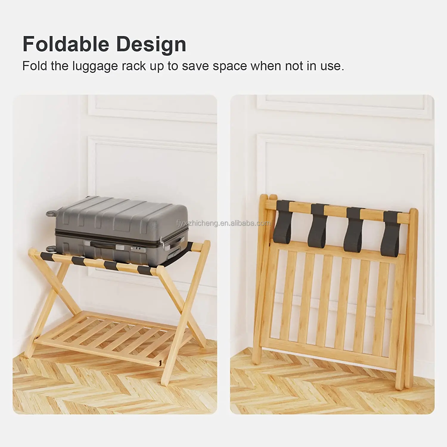 product fully assembled luggage rack for guest room bamboo suitcase stand with storage shelf folding luggage stand for hotel luggage-4