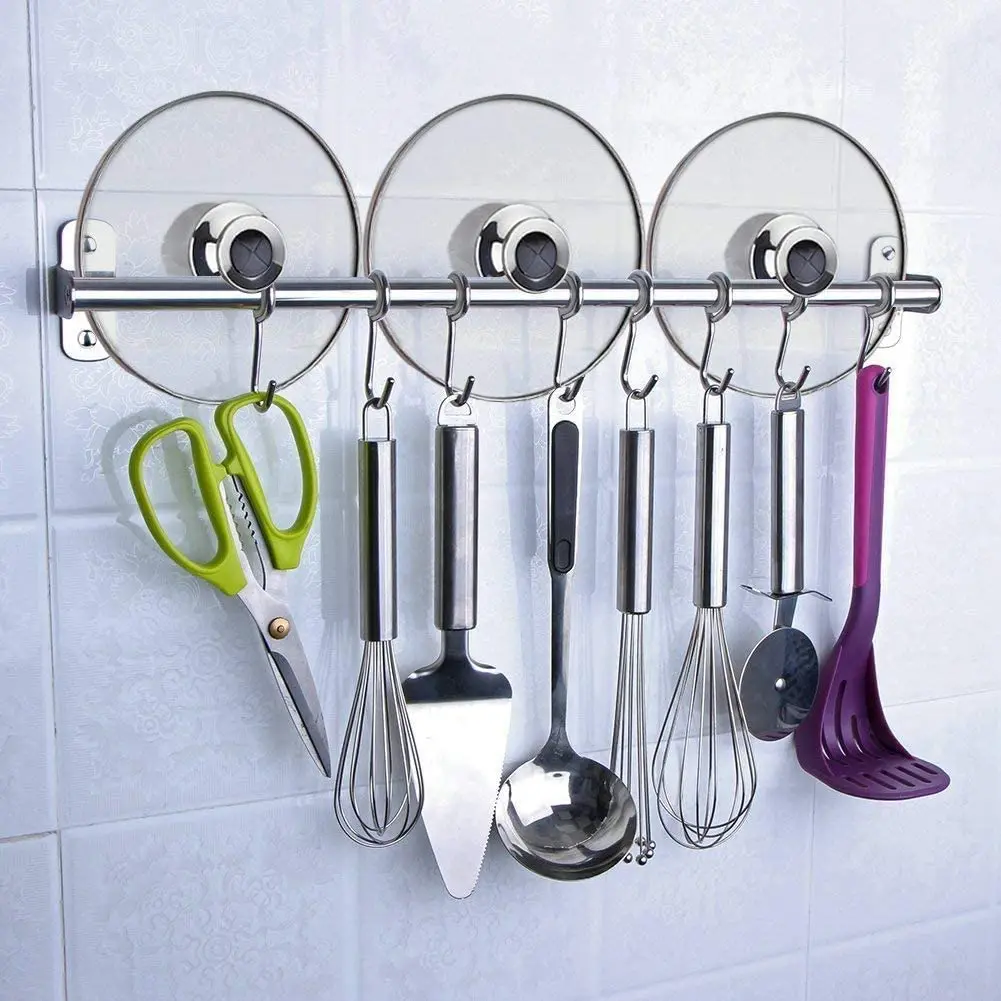 Global-Daily Asta da cucina con ganci scorrevoli, porta utensili da parete per padelle, cucchiai e pale, salvaspazio, autoadesivo, per riporre utensili da cucina organizzata (40 cm