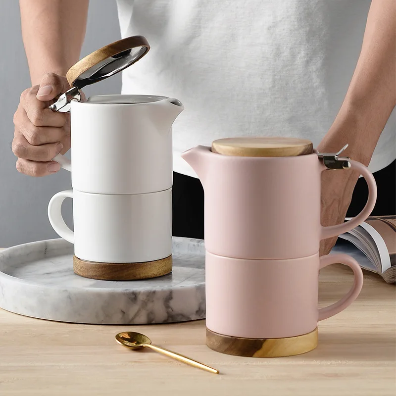 Set Nordic de ceai pentru unul singur cu bază și acoperșor din lemn și porcelană 300ml 150ml Pahar de cafea și set de ceai