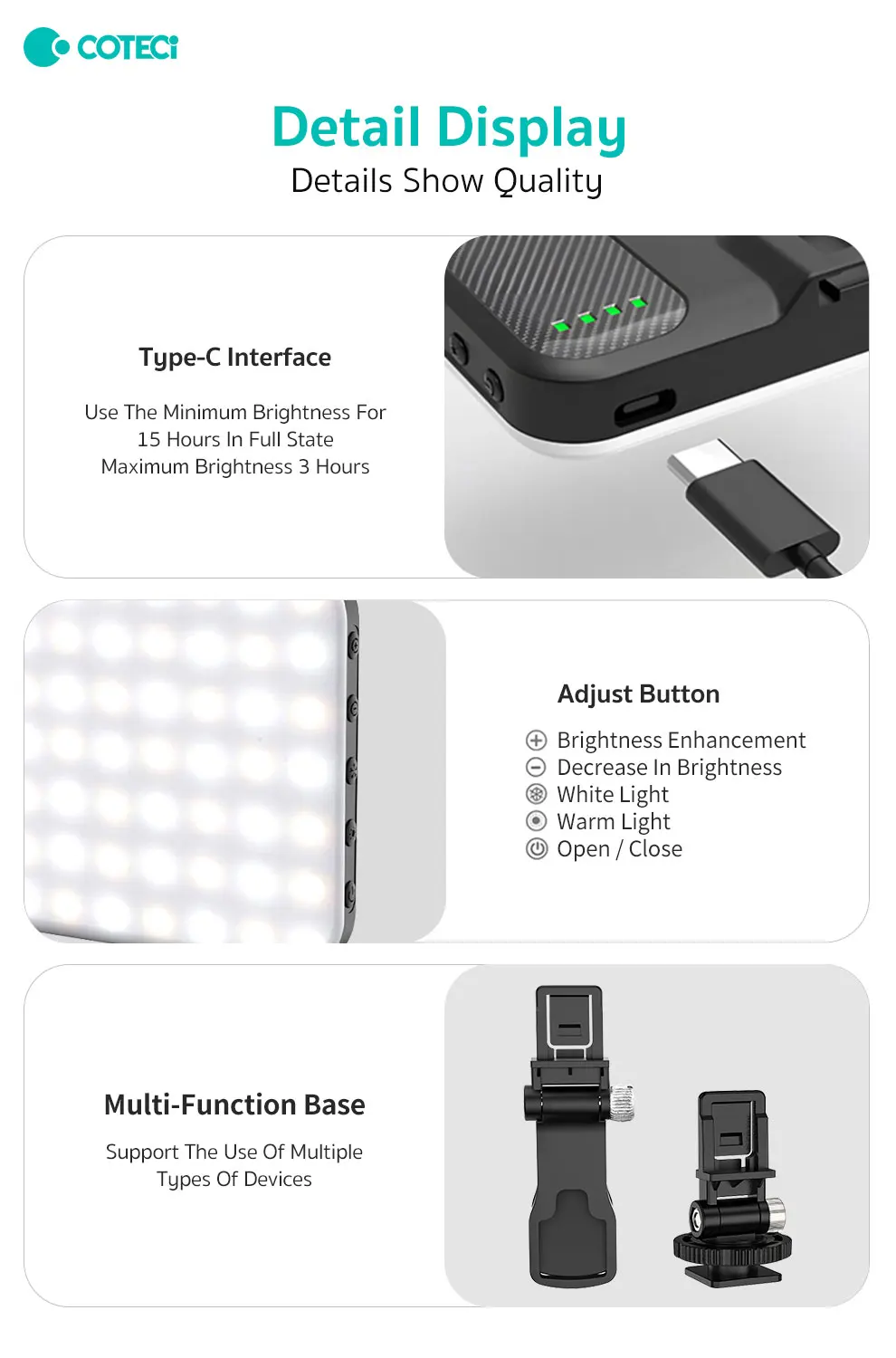 COTECi Portable 10 Warm Natural White Tri-Color Aurora Dark Dimming Fill Light for Phone Photography Selfie Source Power-Volta