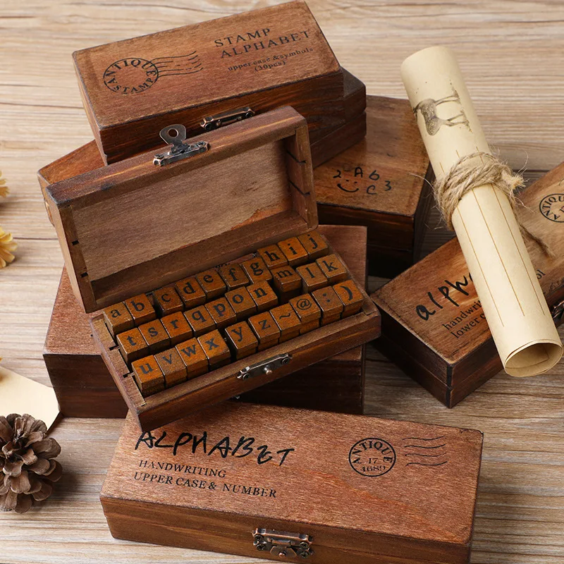 70pcs Number and Alphabet Letter Stamp Number Stamp Rubber Stamps with Vintage Wooden Box