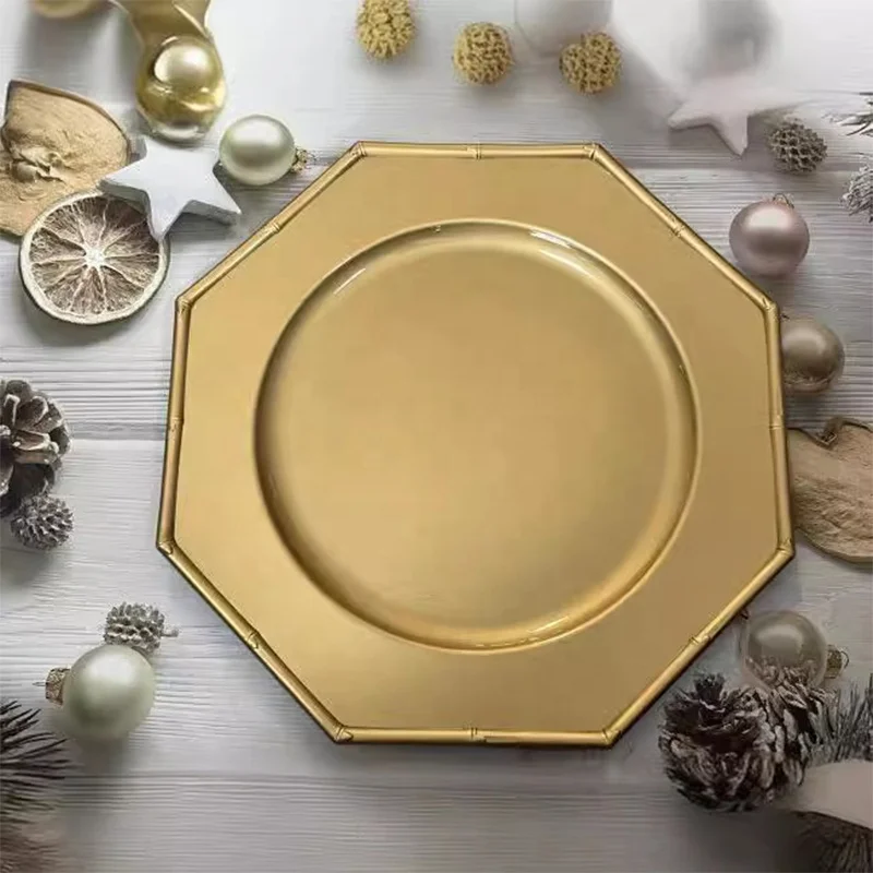 Wedding Party Table Setting Octagonal Plastic Chargers Plate 13 Inch Gold Plastic Dinner Plate