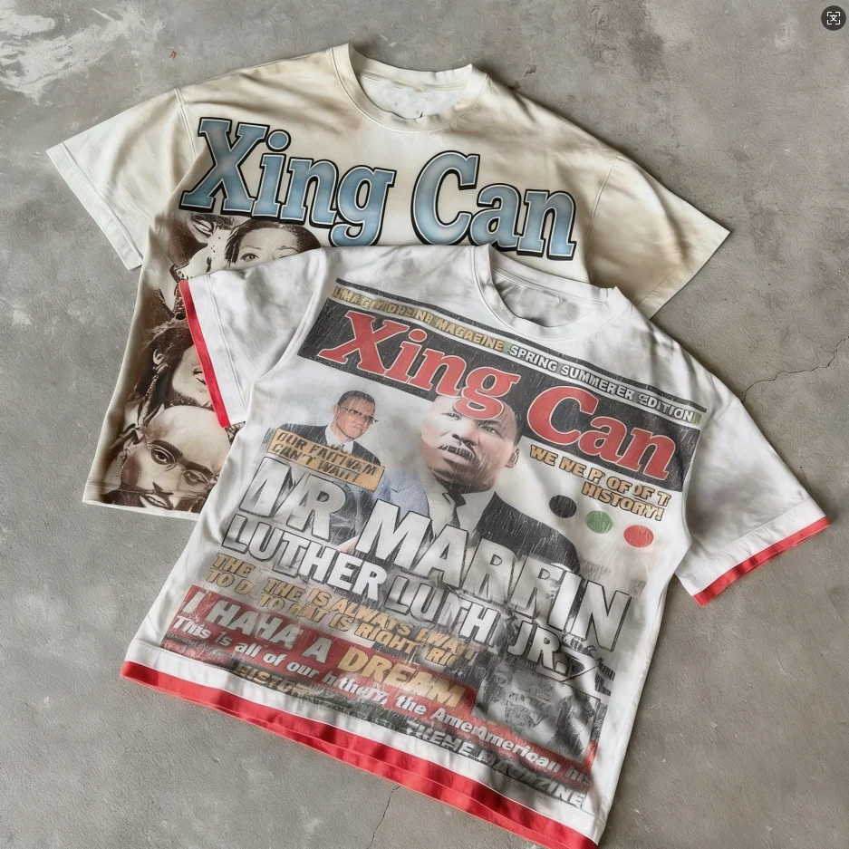 Tisknuté streetwearové trička z těžké látky (300 g/m²), 100 % bavlna, převelký čtvercový střih, digitální tisk motivů, kyselinově prané trička s motivy mangy