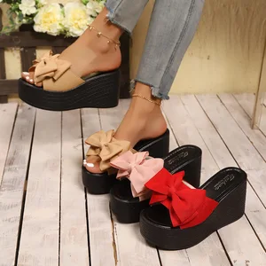 QuiteS Wholesale 2026 Plus Size Bowknot Peep Toe Wedge Thick-Soled Waterproof Slip-On Sandals Casual Sexy Beach Shoes for Women