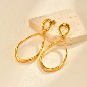 Fashion Geometric Pattern Ear Drop Earrings Stainless Steel Irregular Circle Hoop Pendant Earring