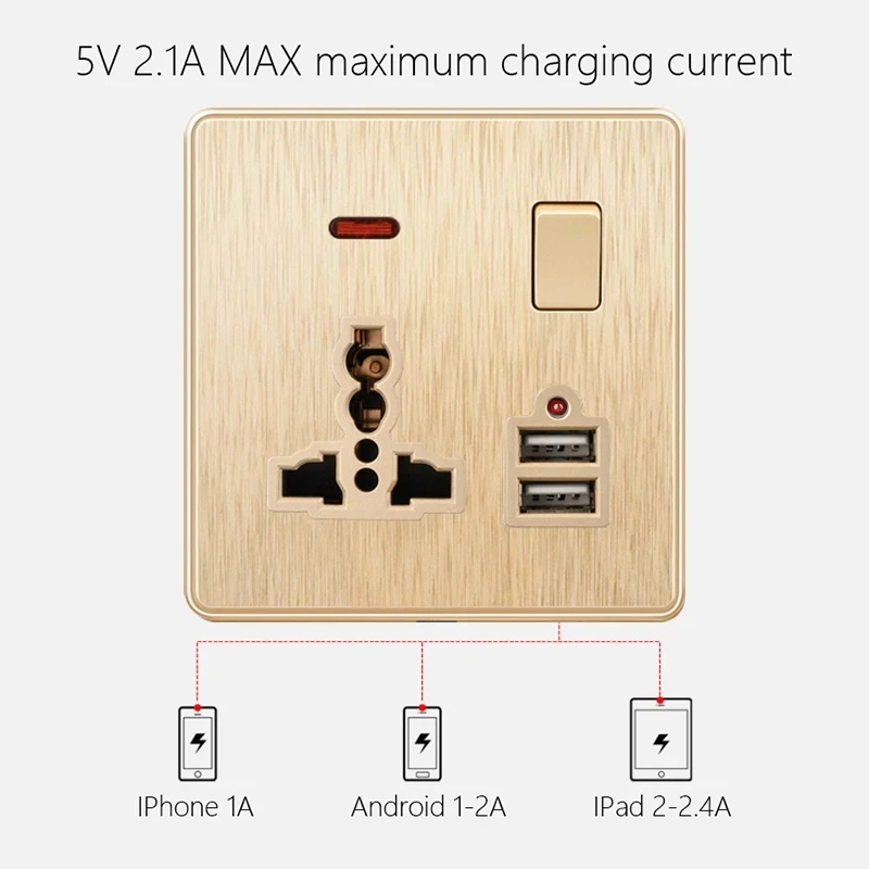 Universal 3 Pin LED Indicator Wall Socket Gold Single Double Switch Socket 13A 250V Drawing USB Power Outlet