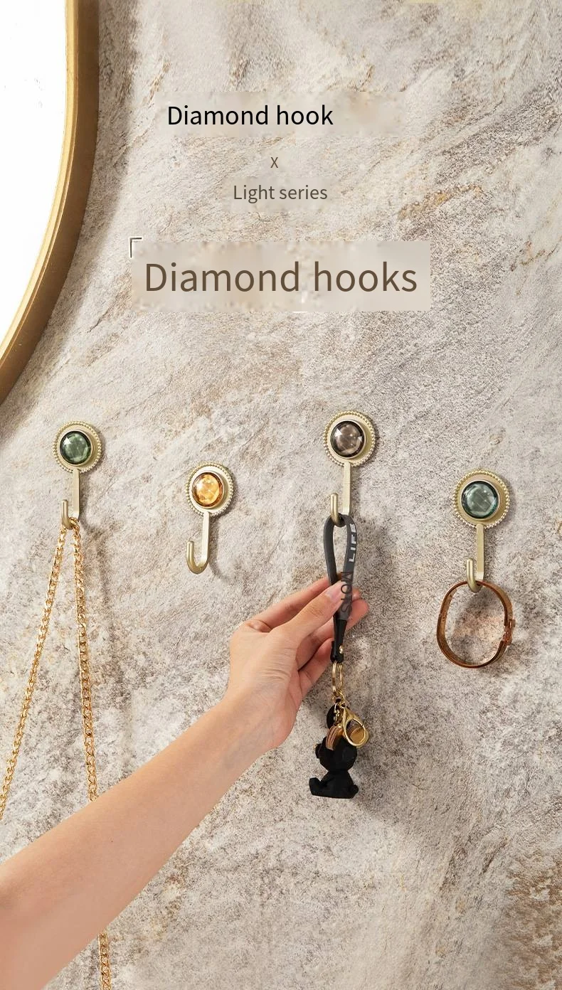 Light luxury diamond seamless adhesive novelty hooks Kitchen bathroom punch free adhesive novelty hooks small novelty hooks behind the wall door details