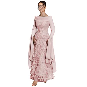 Customize Blush Pink Luxury Dubai Evening Dress Romantic 3D Floral Arabic Cape Sleeves Made Satin for Weddings Parties
