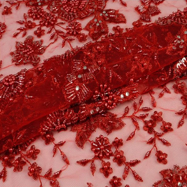 Embroidered Fabric Red Sequins Fabric Elasticity Beaded Mesh Fabric