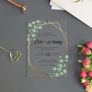 Green Leaves Custom Digital Printing Wedding Cards Rustic Acrylic Wedding Invitations