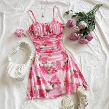 2025 New Short A-Line Dress Euro-American Style Spaghetti Strap Rose Print Casual Ruched Mesh Sexy Mini Beach Dress