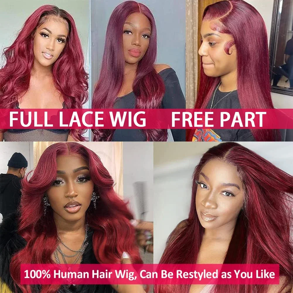 Burgunderrote, glatte Perücke aus menschlichem Haar, 13 x 4 Spitzenfront, brasilianisches Remy-Haar, weich für Frauen_voghion.com