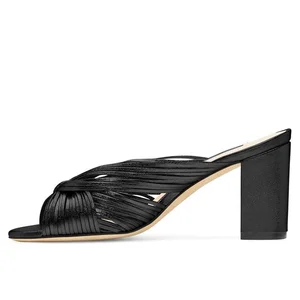 Beautiful Silver Black Knotted Slides Chunky Low Heel Girls Mules Block Sandals High Heels for Ladies