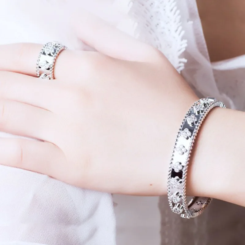 élégant bracelet de trèfle à quatre feuilles de luxe pour femme zircon  charme bracelet bague bijoux ensemble en or et argent