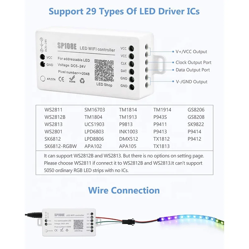 SP108E LED WiFi Controller for WS2812 WS2813 SK6812 Addressable RGB LED Pixels Strip Light