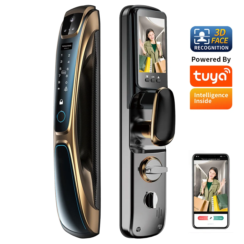 Premium quality Golden color smart lock Tuya Face Recognition Fingerprint Smart Door Lock with camera for home D28