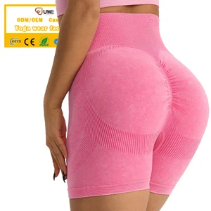 Custom Logo Wash Acid Frosted Scrunch Butt Shorts High Waist Tummy Control Quick Drying Sport Fitness Yoga Shorts