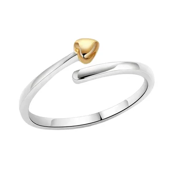 Factory sell s925 sterling silver two tone plated gold heart open size delicate adjustable finger ring for girls