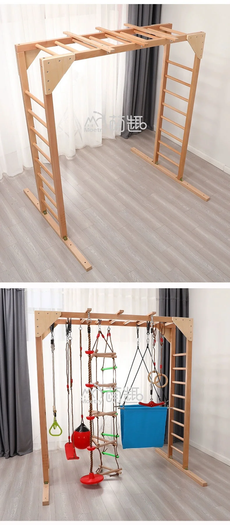 Moetry Kids Indoor Monkey Bar Climbing Frame Wooden Jungle Gym Sensory