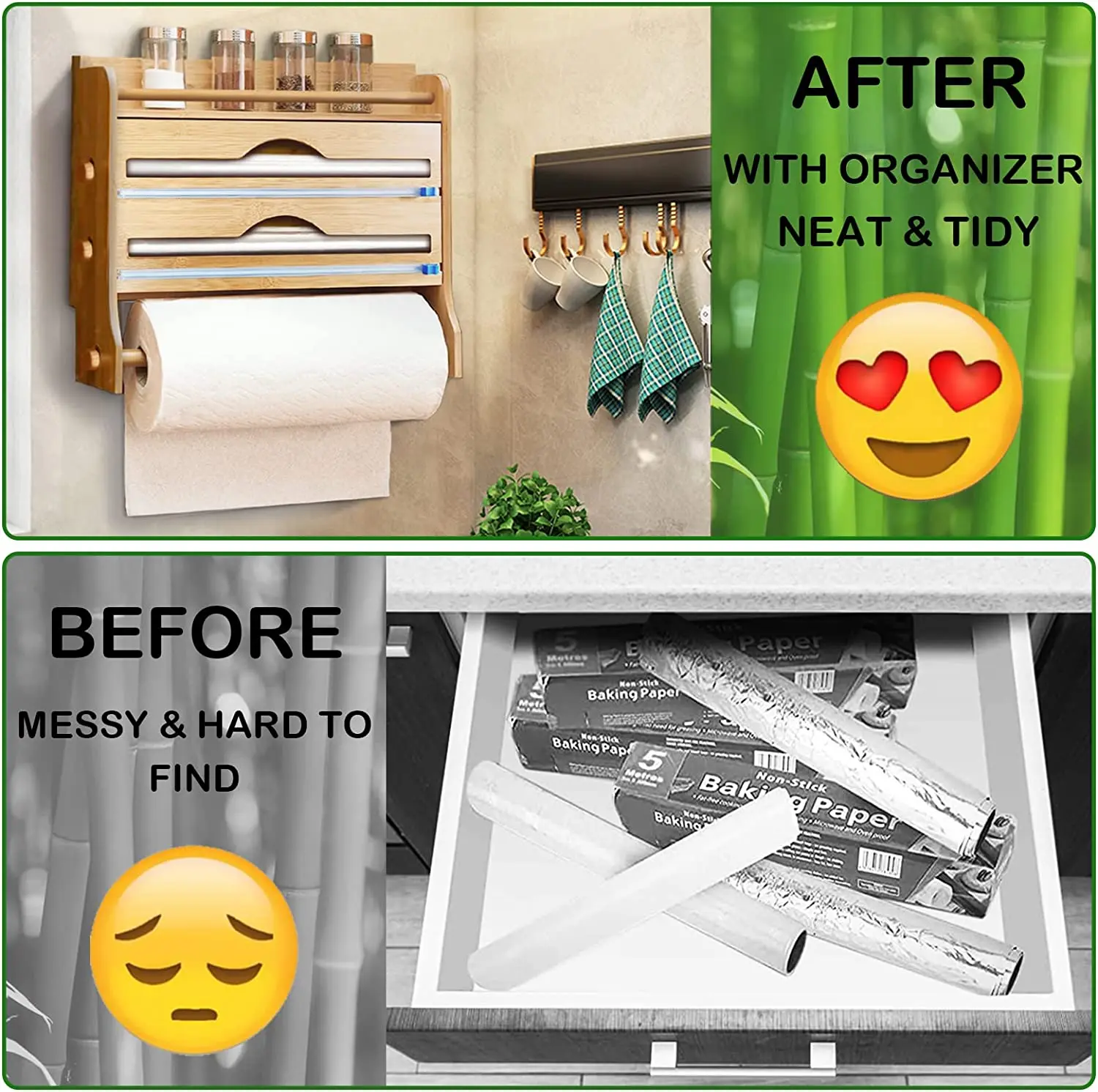 Бамбуковый Органайзер 4 в 1 для фольги и пластиковой упаковки с резаком кухонный держатель бумажных полотенец настенный диспенсер органайзер банок