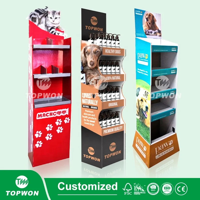 Custom Supermarket Pet Store Display Rack Cardboard Pet Food Display Shelf Pet Dog Collar Dog Food Cardboard Display Stand