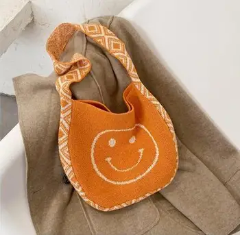 INS Winter Korean Style Cute Smile Lady Knitted Bohemian Boho Chic Tote Bag Customized Women Crochet Woolen Shopper Shoulder Bag