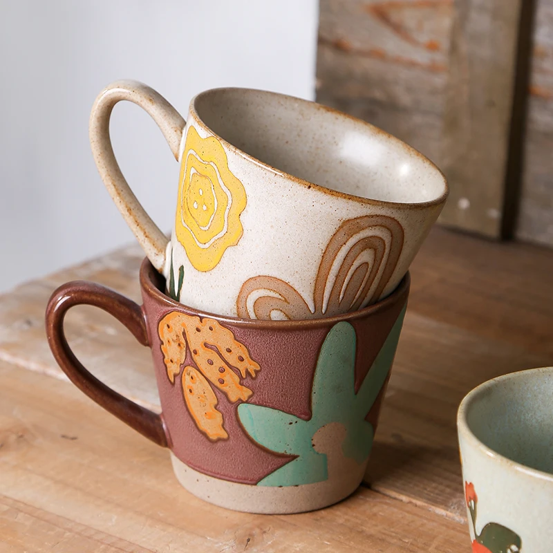 Wholesale Fancy Design Exquisite Hand Made Flower Pattern Unique Custom Gift Set Ceramic Coffee Cups Mugs