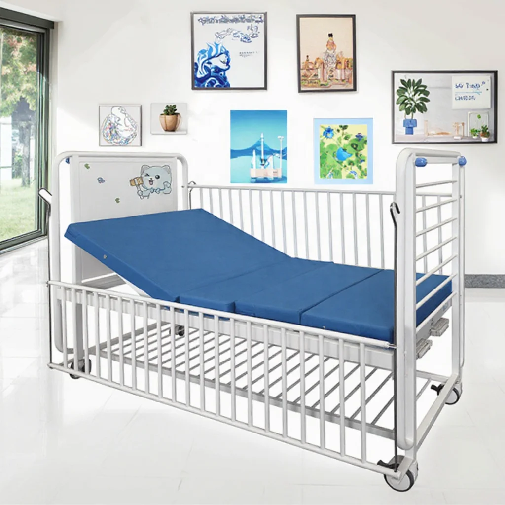 Pediatric Hospital Bed with Steel Guardrails Foldable & Adjustable Design Compact for Small Patients Hospital Use 3