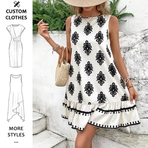 Summer Women's Elegant Mini Dress Wholesale Casual Sleeveless Geometric Print Bowknot Back Breathable Fabric DDP