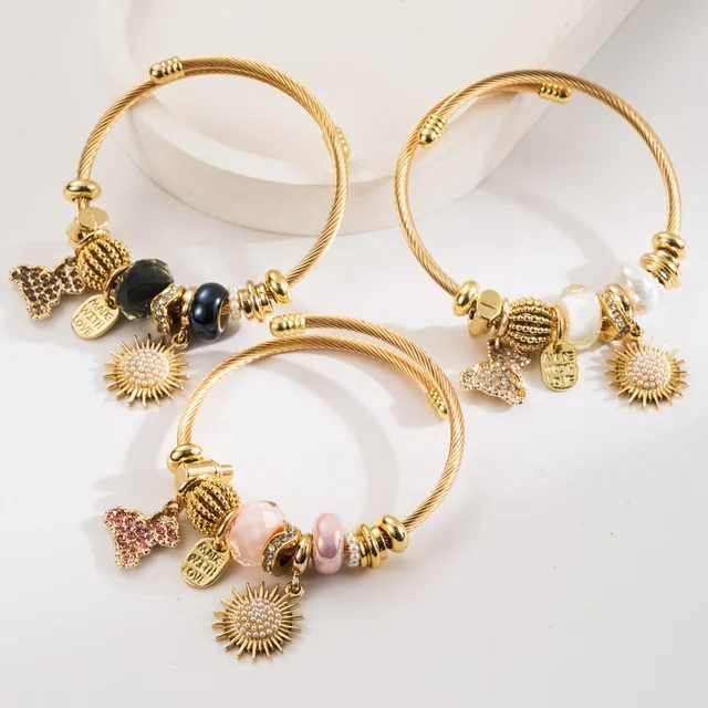 High quality gold plated stainless steel bear charm bracelet large hole beads sun pendant crystal DIY bangle bracelet for women