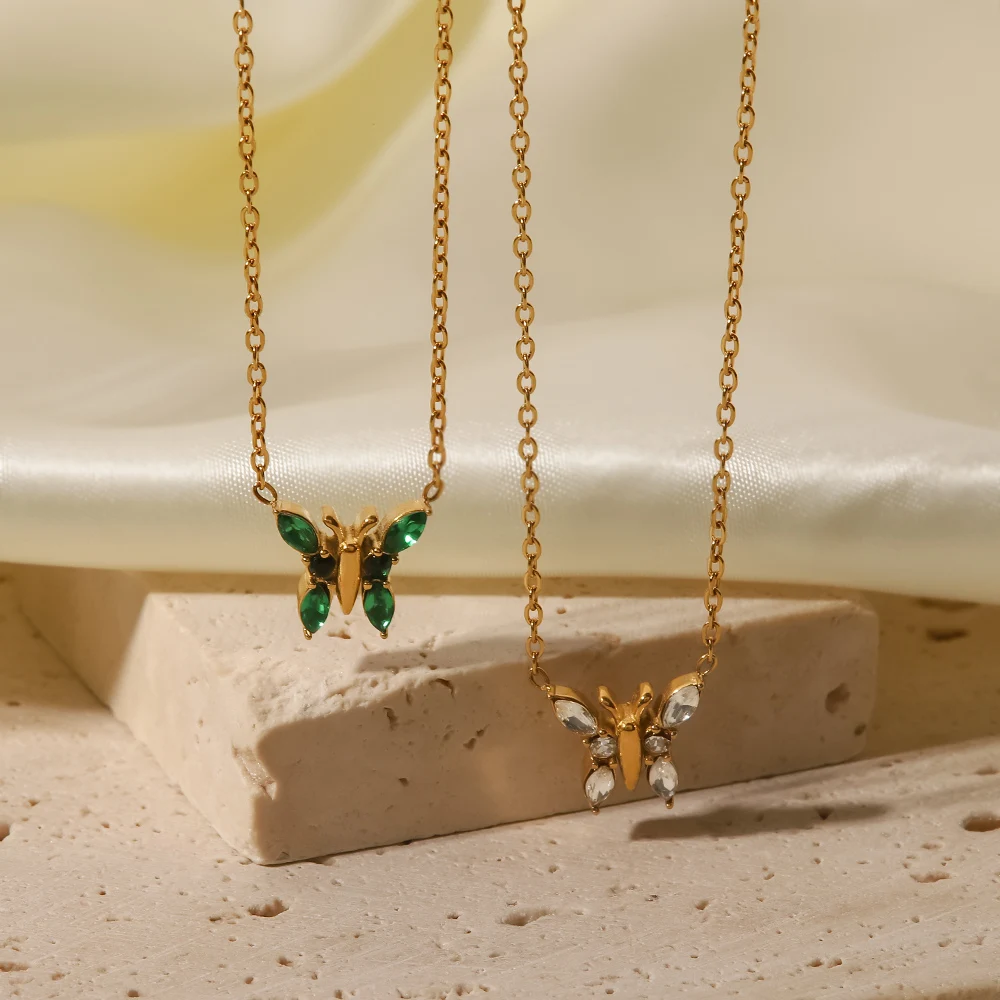 Minimalist Jewelry 18k Gold Plated Stainless Steel Clear Green Zircon Paved Butterfly Necklace 