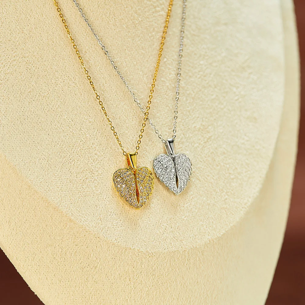 18k Gold Plated Stainless Steel Angel Wings Locket Necklace Personalized Zircon Heart Pendant Custom Memorial Jewelry for Women