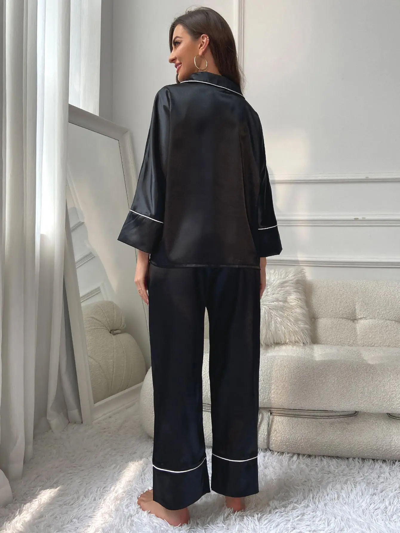 Pajamas Women's Solid Color Striped Basic Style Casual Long Sleeve Pants Two-piece Home Wear Nightwear — detail