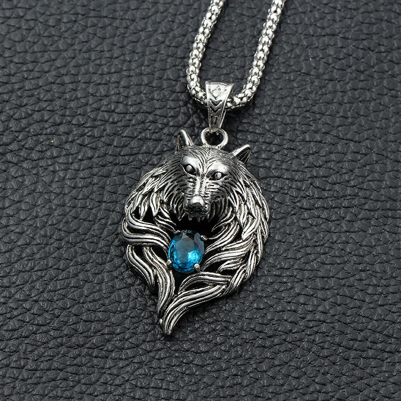 Blue Crystal Stone Wolf Pendant Necklace Wholesale Silver