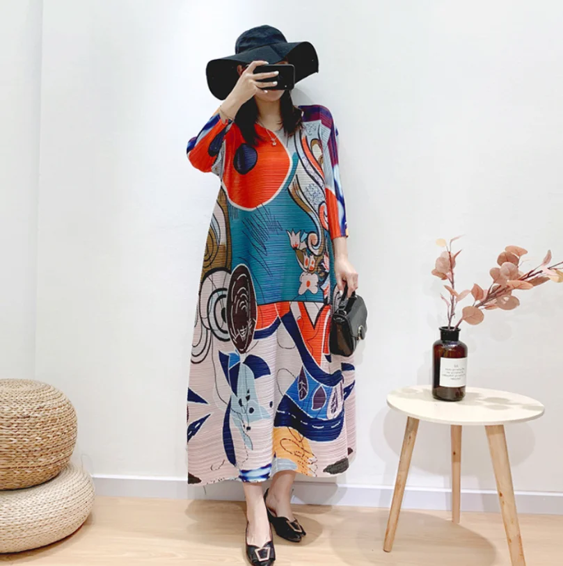 Popular Miyake Large Size Printing Temperament Pleated Skirt Female Dress