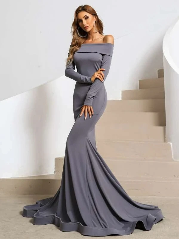 High quality  Plain modest backless elegent long sleeve prom dresses