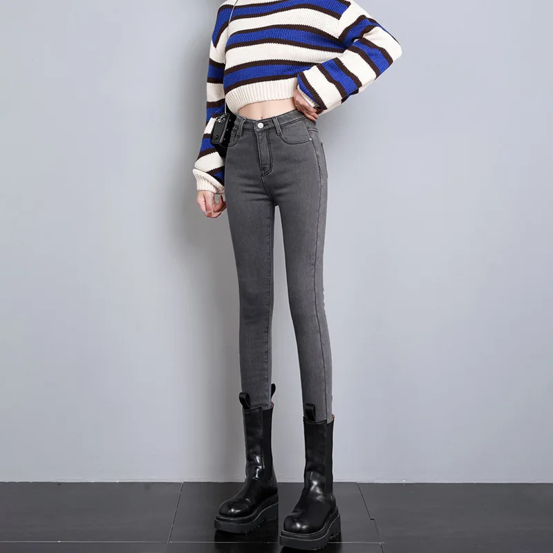 Smoke Gray High Waist Denim Fleece Lined Vintage Bleach Wash Skinny Pencil Pants Women Autumn Winter Stretch