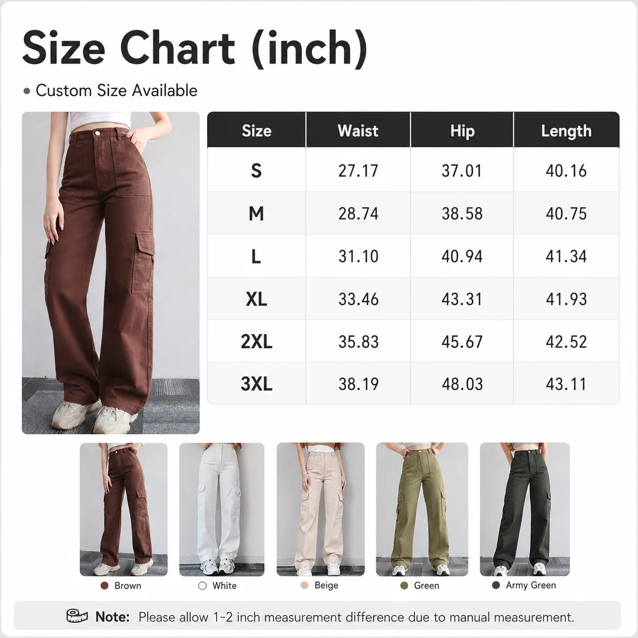 Wholesale Breathable Spring Ladies High Waisted Cargo Pants with Pockets Spandex/Cotton