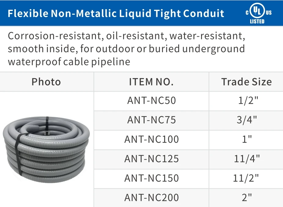1/2" PVC Liquid Tight Flexible Conduit Non-Metallic Electrical Pipe Cable Made of Nylon and Plastic America Canada Market
