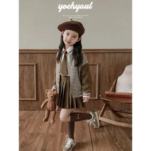 New Arrival Autumn Set Girls Sweatshirt Baseball Jacket Long Sleeve Suit Wholesale Kids Girls Skirts Clothing Plaid Jacket Set