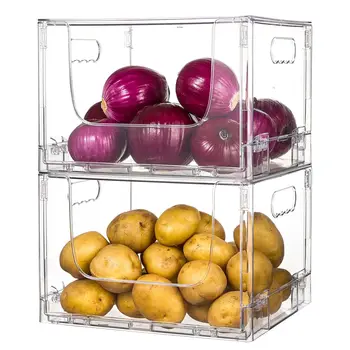 2 Pack Foldable Portable Transparent PET Stackable Home Kitchen Food Organizer Storage Container Boxes Lid for Fruits Vegetables