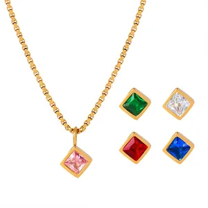18K Gold Plated Stainless Steel Necklace Pendant with Multi-Color Square CZ Zircon Stone for Women's Jewelry for Gift