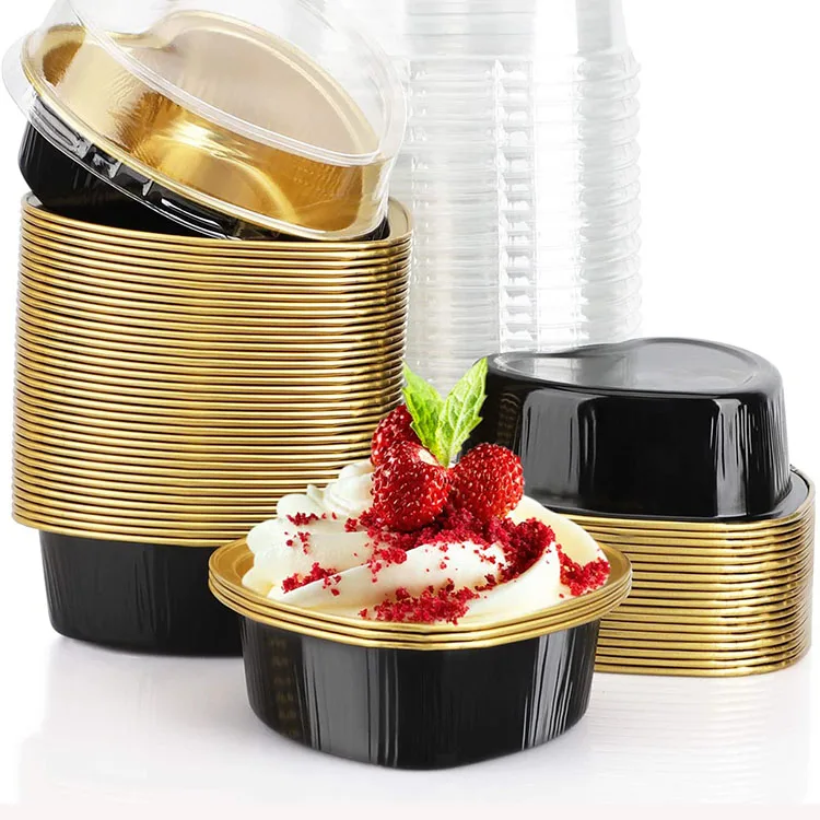 X255 255ml Cup Kue Berbentuk Hati dengan Tutup Daur Ulang untuk Katering Pertemuan Camilan Puding Flan Cupcake Pie Ramekin Aluminium Foil