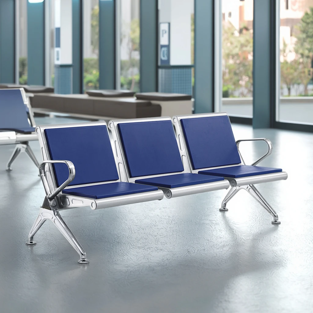 Wholesale Blue Waiting Room Chairs 3 Seats PU Leather Seat Cushion Stainless Steel Waiting Chairs for Airports Hospitals 3