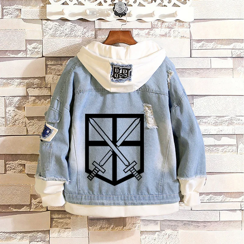 Factory Attack on Titan Jeans Jacket Scout Regiment Cosplay  Coat Eren Jaeger Hooded Sweatshirt Coat Men Trucker Jacket
