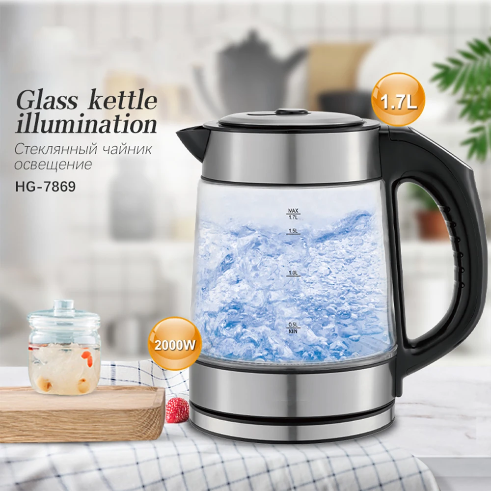 1.7l Transparent Glass Discoloration Electric Stainless Steel Lid Water