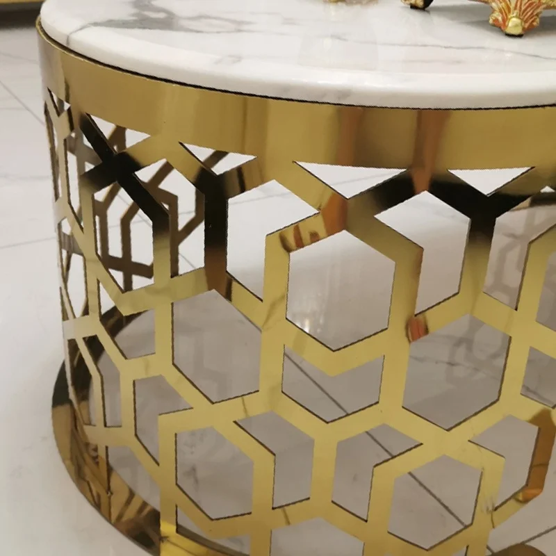 Modern Cheap Coffee Tables Luxury Home Furniture Living Room Gold Stainless Steel Frame Marble Top Round Coffee Table Set Set