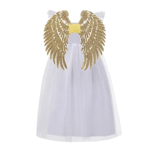 Girls Kids Angel Costume White Tulle Gown Gold Star Pattern Wing Accessory Comfortable Breathable Stage Performance Heavenly