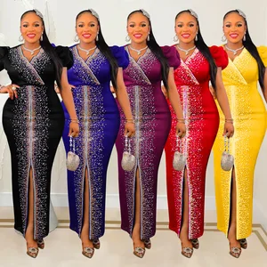 Pleated Puff Sleeve Stretch V-Neck Rhinestone Beaded Long Gown Elegant Party Dress Luxury Women's Evening Dresses